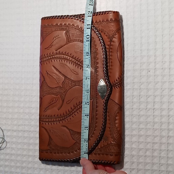 Handcrafted Hand Tooled Leather Clutch Chestnut Brown Tropical Leaf Design - Picture 8 of 13